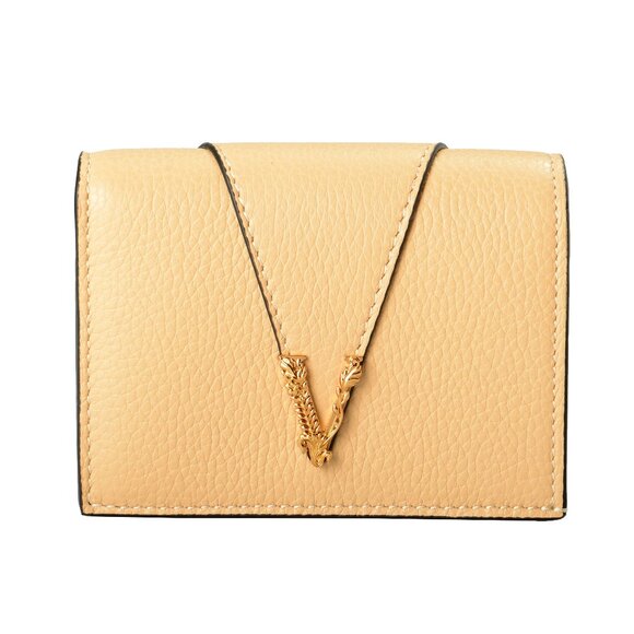 Versace Women's Gold V Logo Beige 100% Leather Card Case Compact Wallet